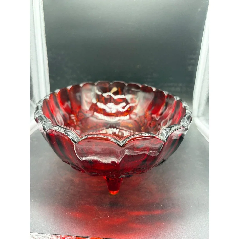 Vintage Ruby Red Amberina Glass Footed Bowl Scalloped Fruit Pattern Centerpiece
